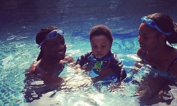 Paul, Anita & Andre Okoye enjoy family time in the pool