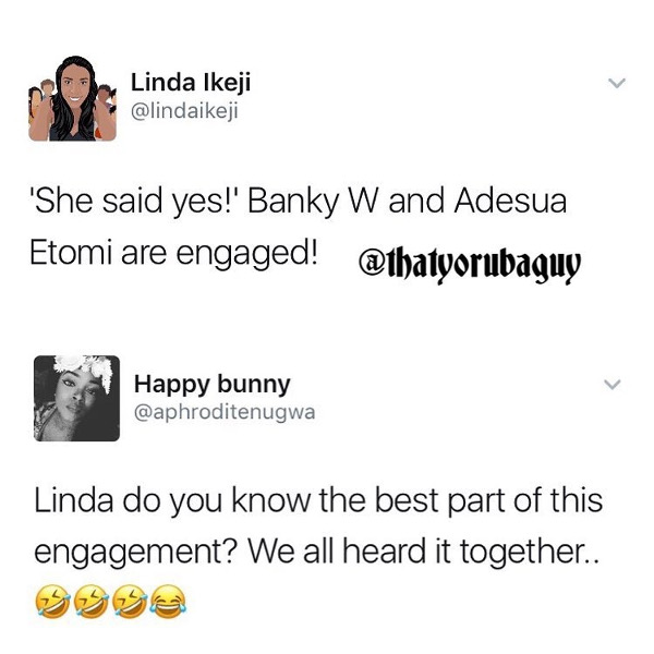 Adesua Etomi and Banky W Engagement Story Memes LoveWeddingsNG Linda Ikeji