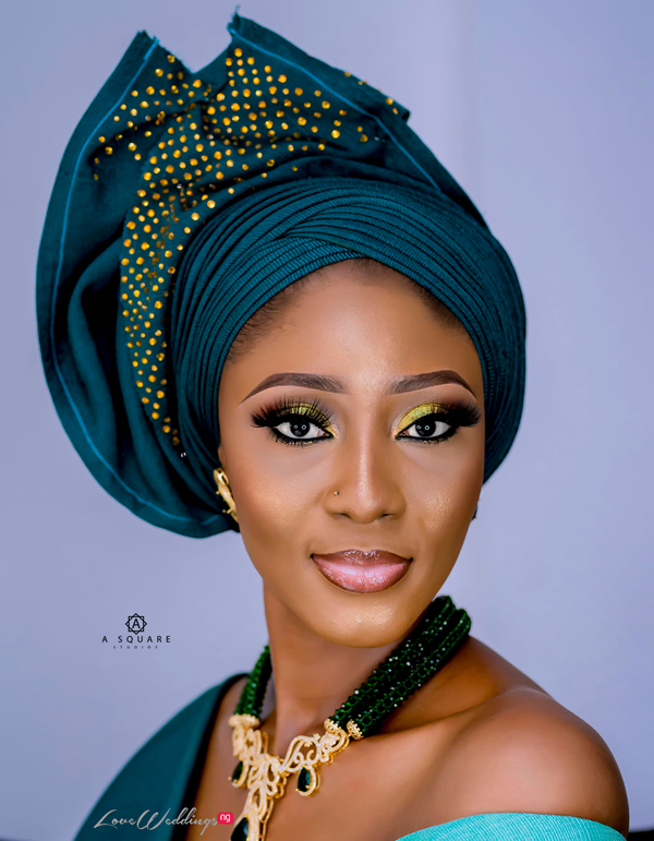 This traditional bridal look features gorgeous shades of green ...