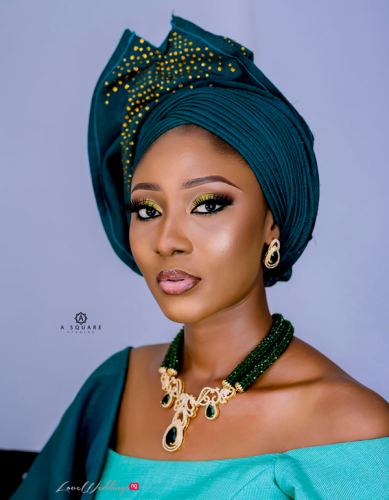 This traditional bridal look features gorgeous shades of green ...